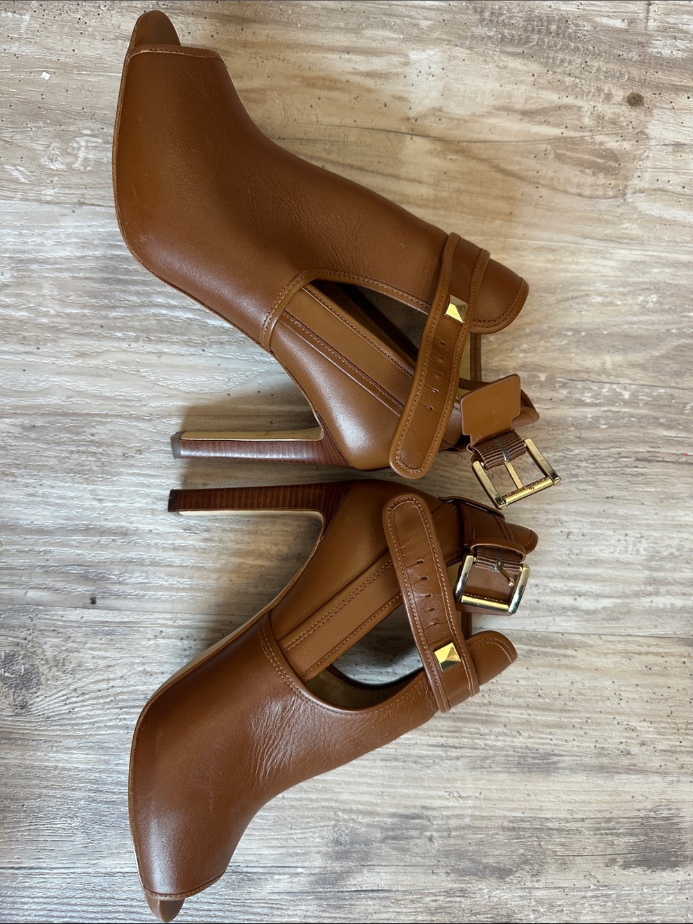 Michael Kors Brown Open-Toe Ankle Booties with Buckle leather upper 4” heel - Picture 4 of 8